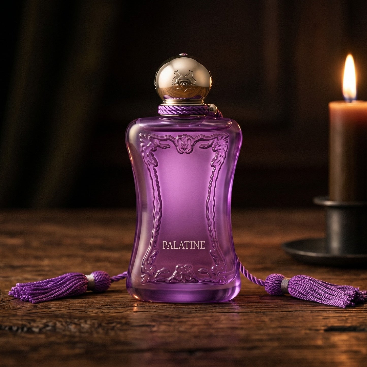 Parfums de Marly Palatine on dark cherrywood with a tall beeswax taper casting warm light