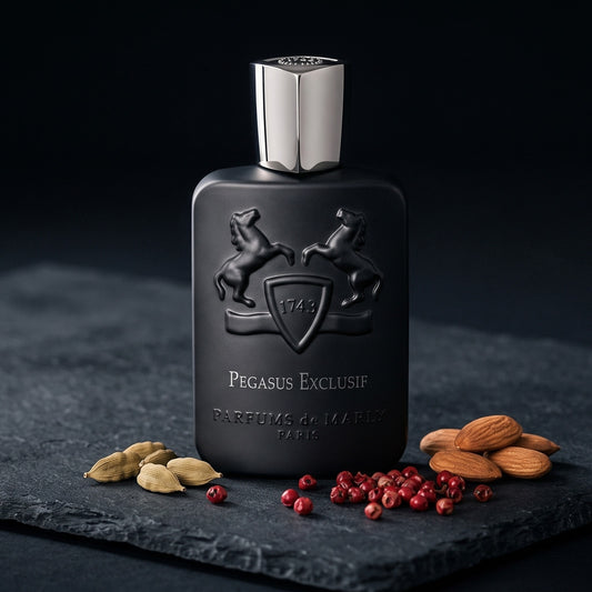 Parfums de Marly Pegasus Exclusif on charcoal slate with a few cardamom pods and pink peppercorns beside whole almonds