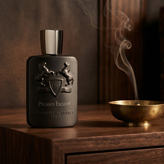 Parfums de Marly Pegasus Exclusif on charcoal slate with a slender oud chip and drifting incense smoke