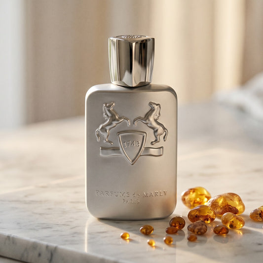 Parfums de Marly Pegasus on pale grey marble with amber resin beads scattered to one side
