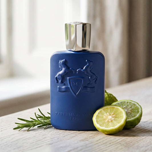 Parfums de Marly Percival EDP on pale maple with a scattered handful of yuzu peel ribbons