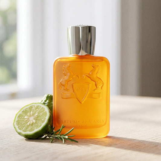 Parfums de Marly Perseus on weathered pine with a halved blood orange and a rosemary stem