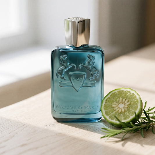 Parfums de Marly Sedley EDP on sun-washed pine with a sliced grapefruit and mint leaves