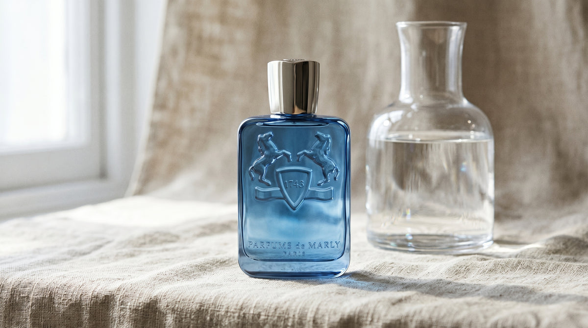 Parfums de Marly Sedley EDP on raw linen, sun-bleached with a glass carafe of water catching light