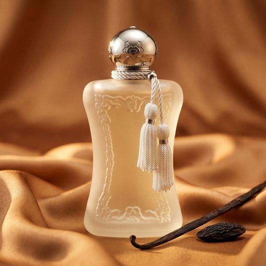 Parfums de Marly Valaya EDP on golden silk with a small dish of crystallized honey