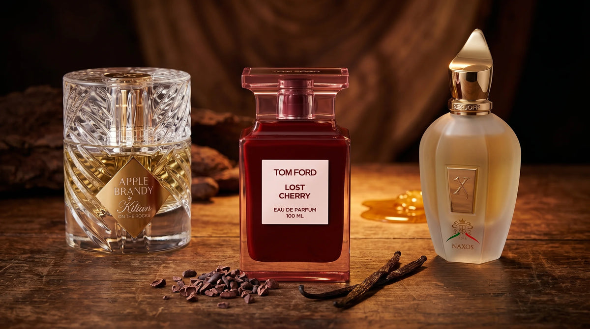 Gourmand perfumes at Parfum Central: Tom Ford Lost Cherry, Kilian Apple Brandy on the Rocks, and Xerjoff Naxos