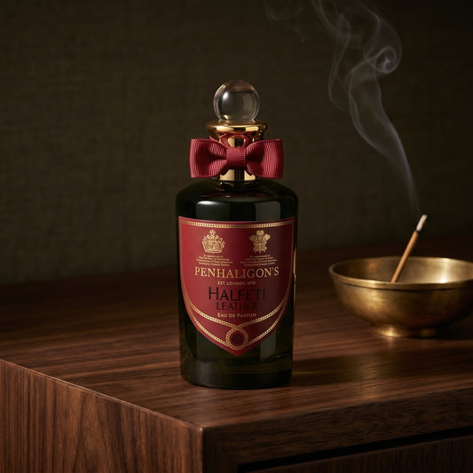 Penhaligon's Halfeti Leather EDP on dark walnut console with a small brass incense bowl, smoke curling upward