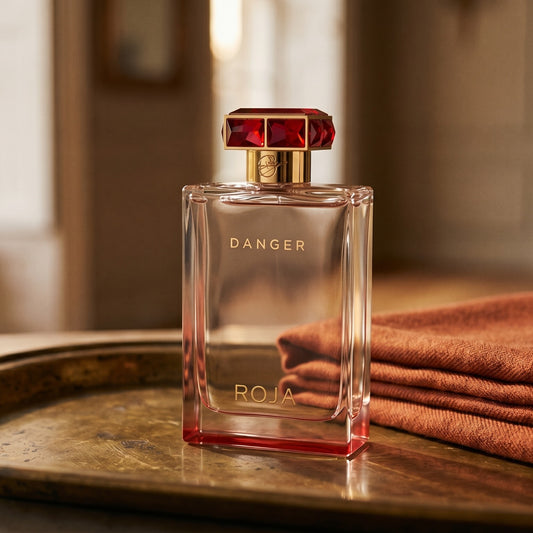 Roja Danger Pour Femme EDP on patinated bronze tray with a folded shawl in deep saffron