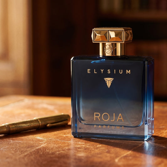 Roja Elysium Parfum EDP on cordovan leather surface with a small brass key beside the bottle