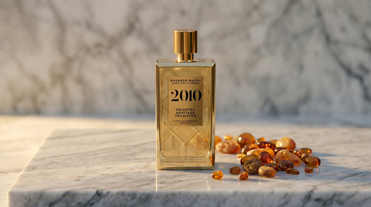 Rosendo Mateu 2010 EDP on pale grey marble with amber resin beads scattered to one side
