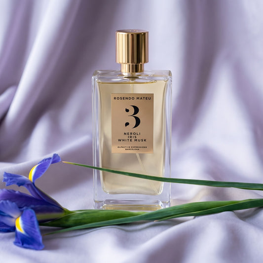 Rosendo Mateu No. 3 EDP on pale lavender silk with a single iris stem