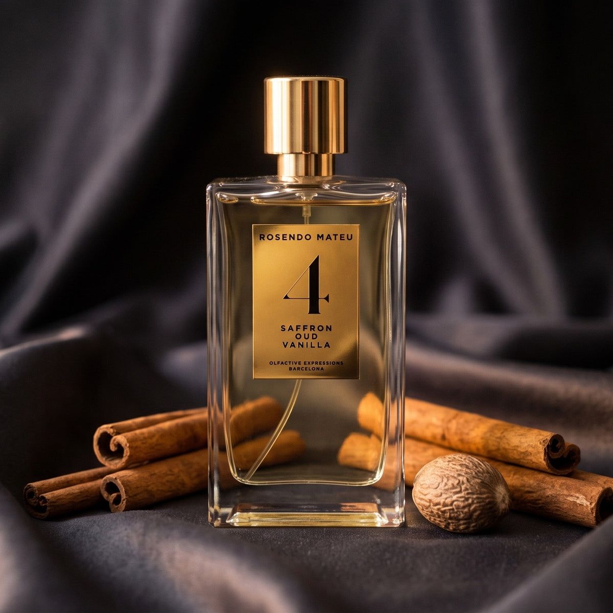 Rosendo Mateu No. 4 EDP on charcoal silk with cinnamon sticks and a whole nutmeg