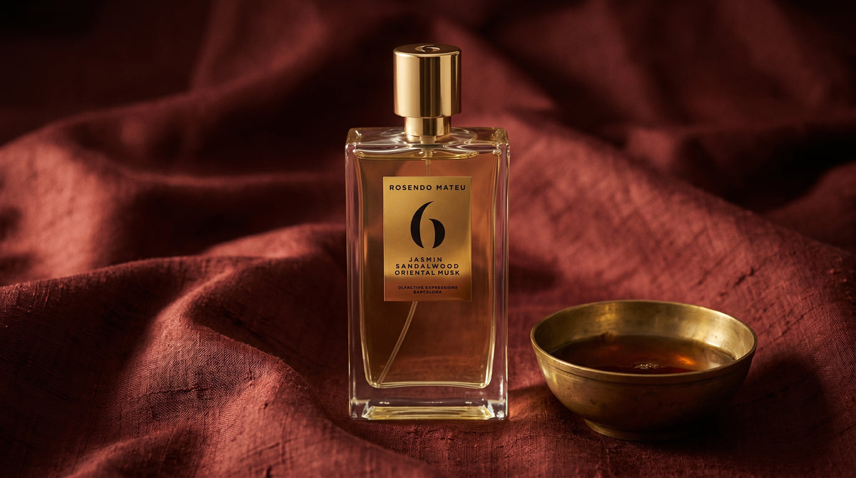 Rosendo Mateu No. 6 EDP on raw silk of oxblood color with a brass bowl with ambergris tincture