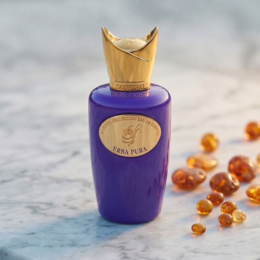 Sospiro Erba Pura EDP on polished limestone with benzoin resin pebbles arranged loosely