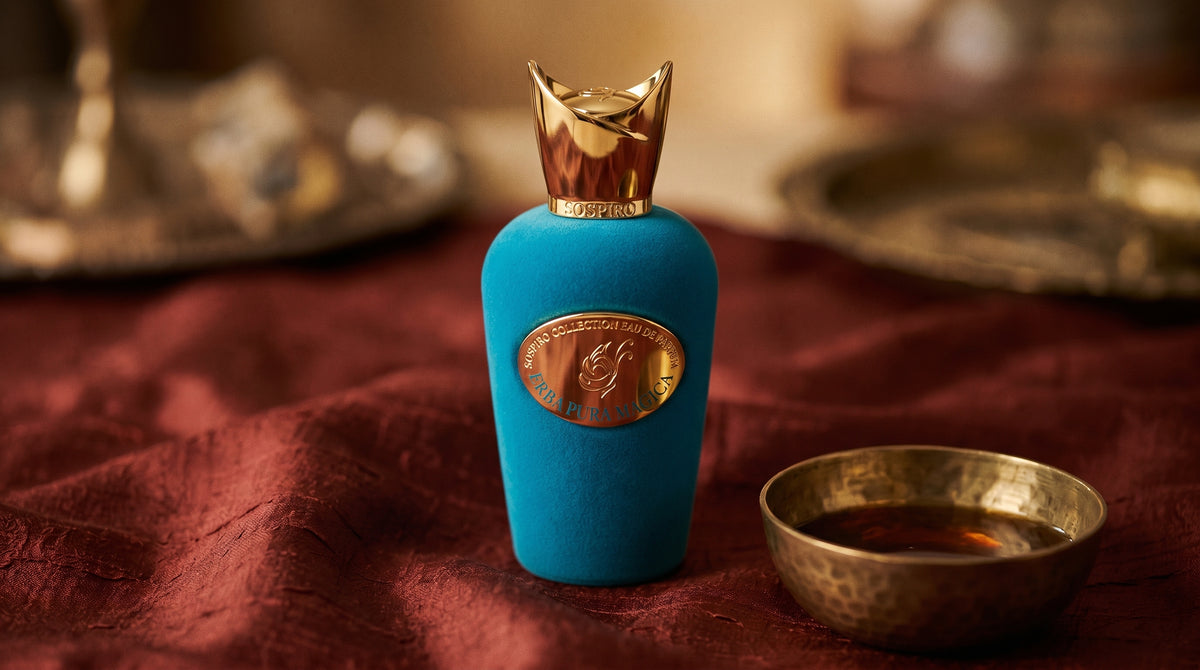 Sospiro Erba Pura Magica on raw silk of oxblood color with a brass bowl with ambergris tincture