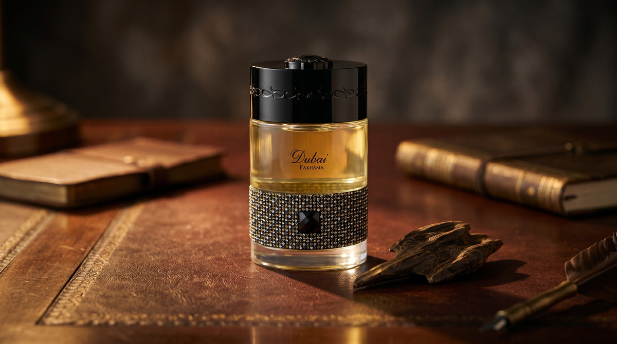 The Spirit of Dubai Fakhama EDP on aged leather-topped desk with a single agarwood chip beside the bottle