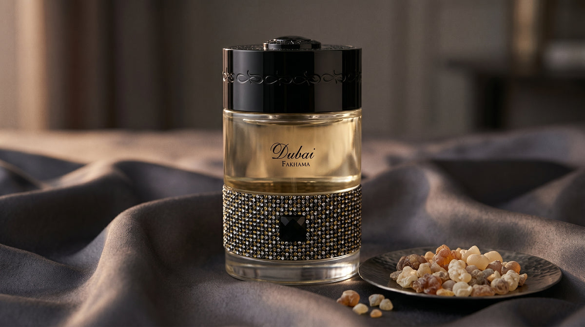 The Spirit of Dubai Fakhama EDP on charcoal silk with frankincense resin granules in a small saucer