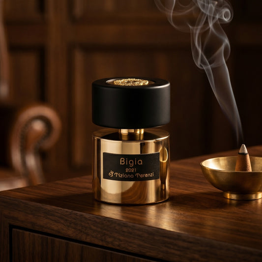 Tiziana Terenzi Bigia EDP on smoked-glass tabletop with a lacquered incense burner in mid-glow