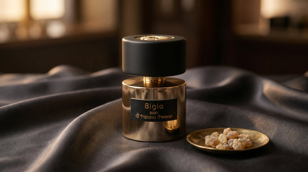 Tiziana Terenzi Bigia EDP on charcoal silk with frankincense resin granules in a small saucer