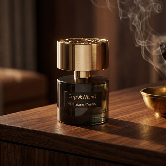 Tiziana Terenzi Caput Mundi EDP on dark walnut console with a small brass incense bowl, smoke curling upward