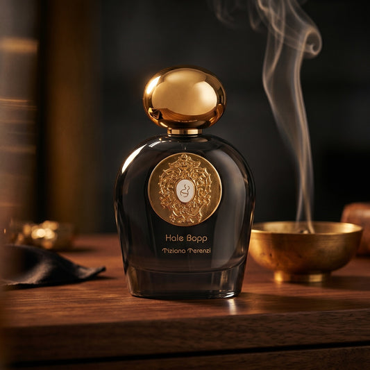 Tiziana Terenzi Hale Bopp Ext on charcoal slate with a slender oud chip and drifting incense smoke