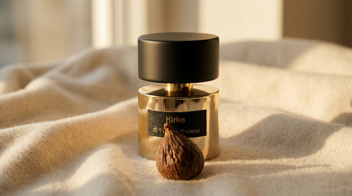 Tiziana Terenzi Kirke EDP on cream cashmere with a single dried fig beside the bottle
