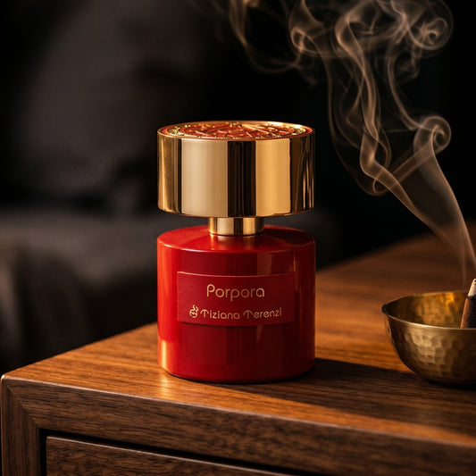 Tiziana Terenzi Porpora EDP on dark walnut console with a small brass incense bowl, smoke curling upward