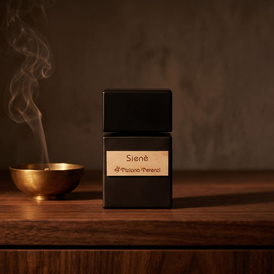 Tiziana Terenzi Siene EDP on ebony surface with a hammered copper censer releasing frankincense haze