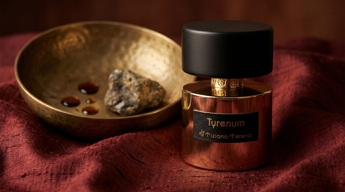 Tiziana Terenzi Tyrenum EDP on raw silk of oxblood color with a brass bowl with ambergris tincture