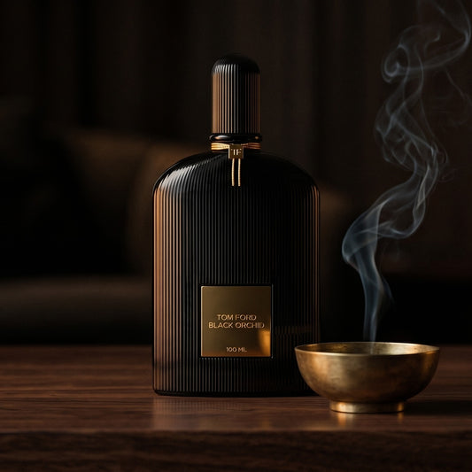 Tom Ford Black Orchid on ebony surface with a hammered copper censer releasing frankincense haze