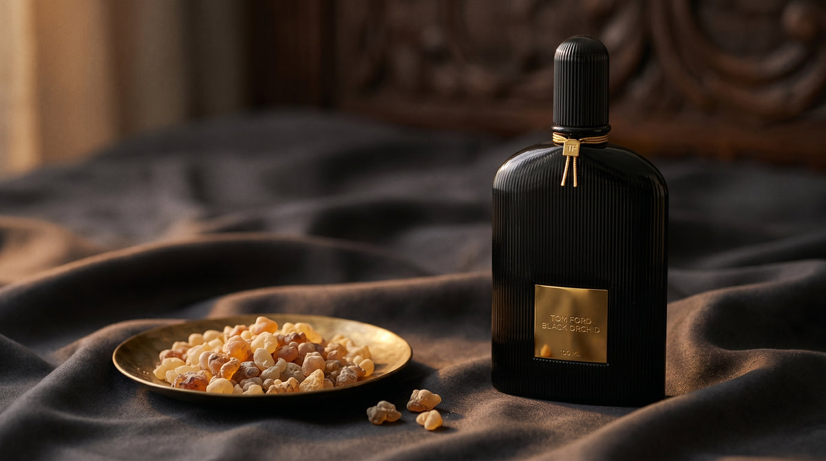 Tom Ford Black Orchid on charcoal silk with frankincense resin granules in a small saucer