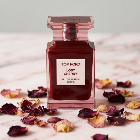 Tom Ford Lost Cherry on blush travertine with a handful of fresh damask rose petals