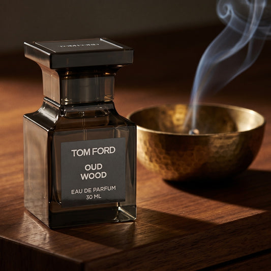 Tom Ford Oud Wood on dark walnut console with a small brass incense bowl with smoke curling upward