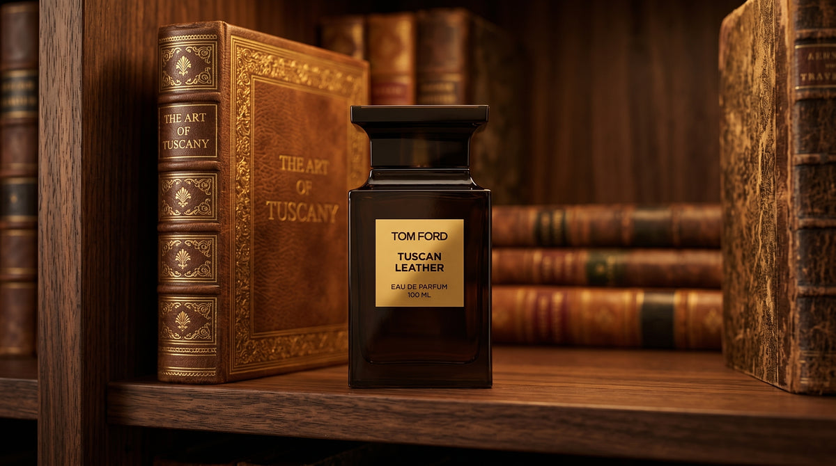 Tom Ford Tuscan Leather on dark walnut library shelf with a leather-bound book with gold foil
