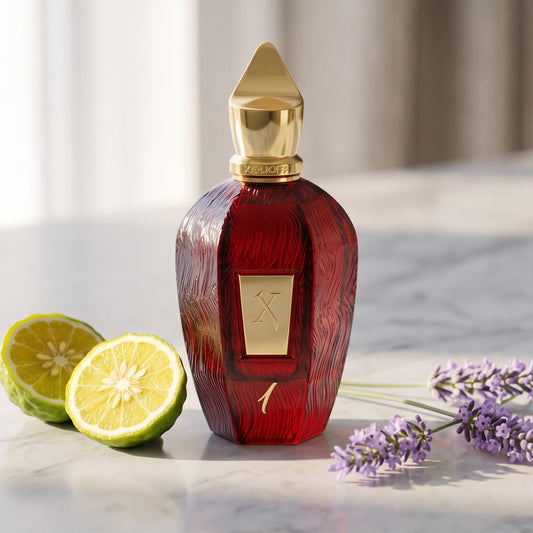 Xerjoff 1 One Red Parfum - UAE Exclusive Dubai Boutique Edition on pale grey marble with a split bergamot and two sprigs of fresh lavender
