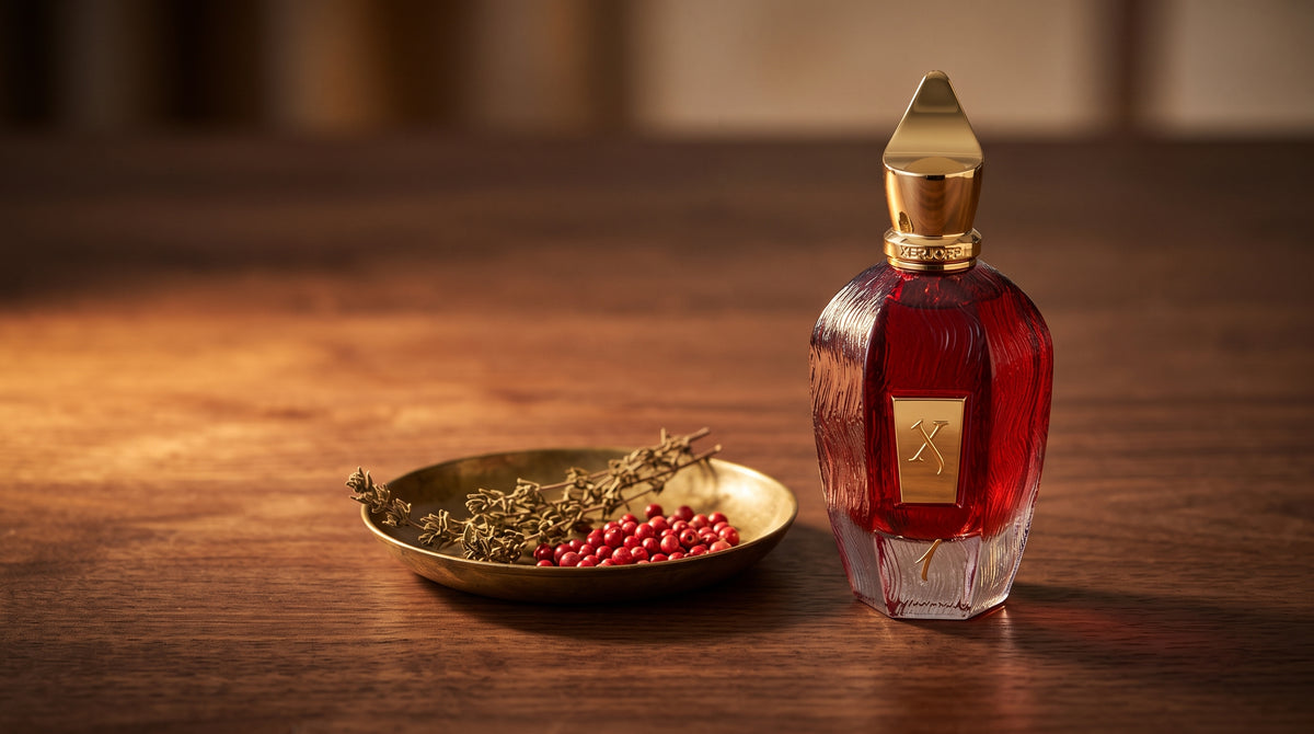 Xerjoff 1 One Red Parfum - UAE Exclusive Dubai Boutique Edition on dark walnut with pink peppercorns and dried thyme in a small brass dish
