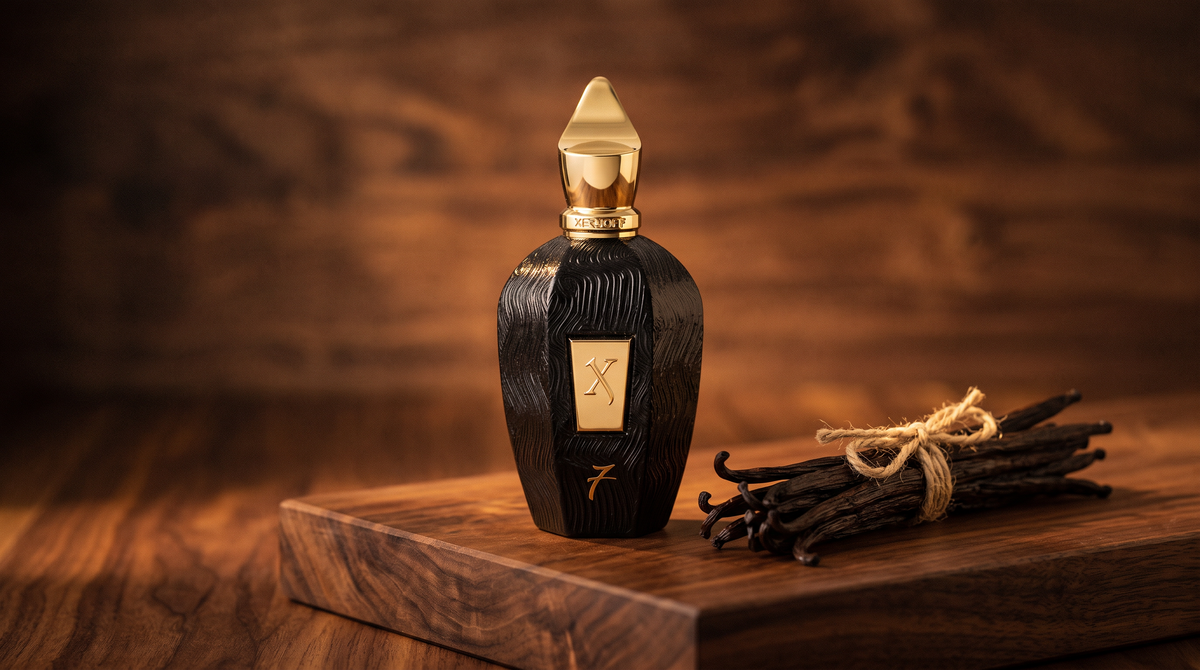 Xerjoff 7 Seven Black Flacon Parfum - UAE Exclusive Dubai Boutique Edition on dark walnut with Madagascar vanilla pods tied with twine