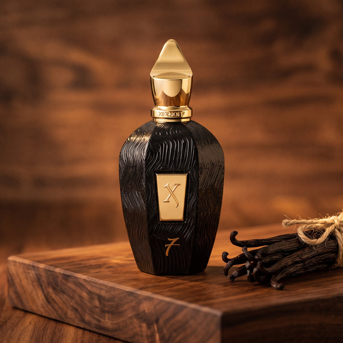 Xerjoff 7 Seven Black Flacon Parfum - UAE Exclusive Dubai Boutique Edition on dark walnut with Madagascar vanilla pods tied with twine