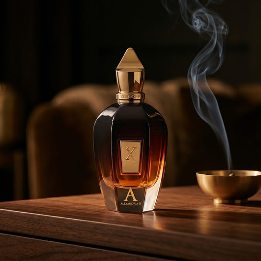 Xerjoff Oud Stars Alexandria II EDP on smoked-glass tabletop with a lacquered incense burner in mid-glow