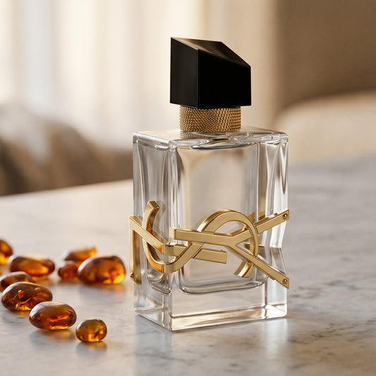 Yves Saint Laurent Libre Absolu Platine on pale sandstone with golden amber shards catching the light
