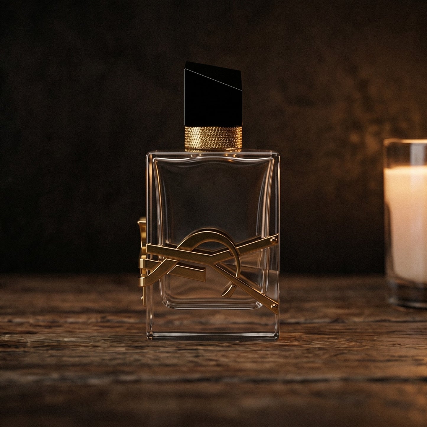 Yves Saint Laurent Libre Absolu Platine on reclaimed oak surface with a glass hurricane lamp softly glowing