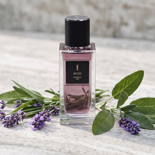 Yves Saint Laurent Muse Inspiring Ink EDP on pale grey stone with sprigs of lavender and clary sage laid flat