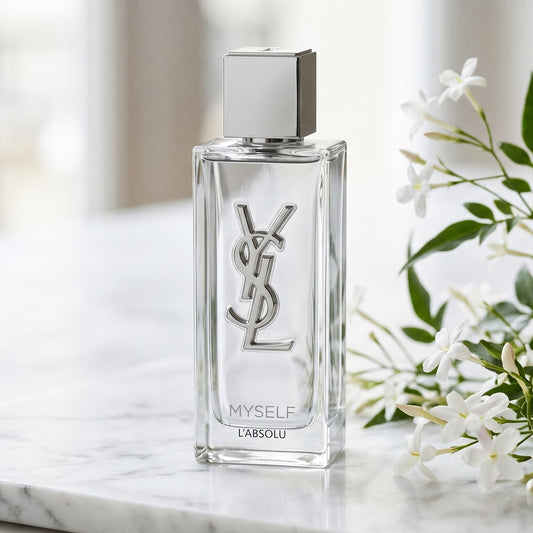 Yves Saint Laurent Myslf L Absolu Parfum on pale limestone with tuberose stems laid loosely beside the bottle