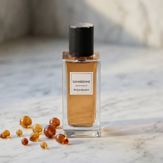 Yves Saint Laurent Saharienne on polished limestone with benzoin resin pebbles arranged loosely