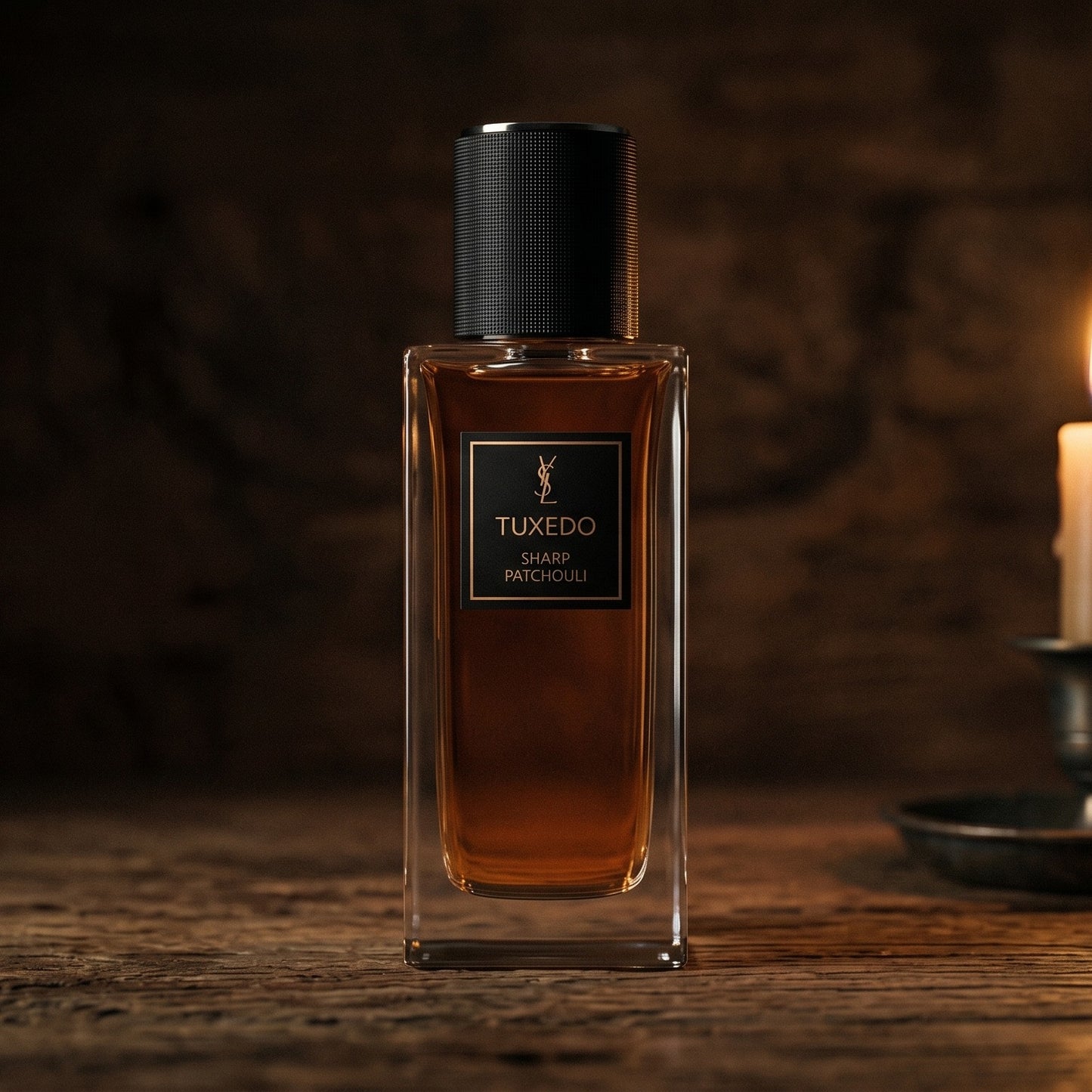 Yves Saint Laurent Tuxedo Epices Sharp Patchouli EDP on reclaimed oak surface with a glass hurricane lamp softly glowing