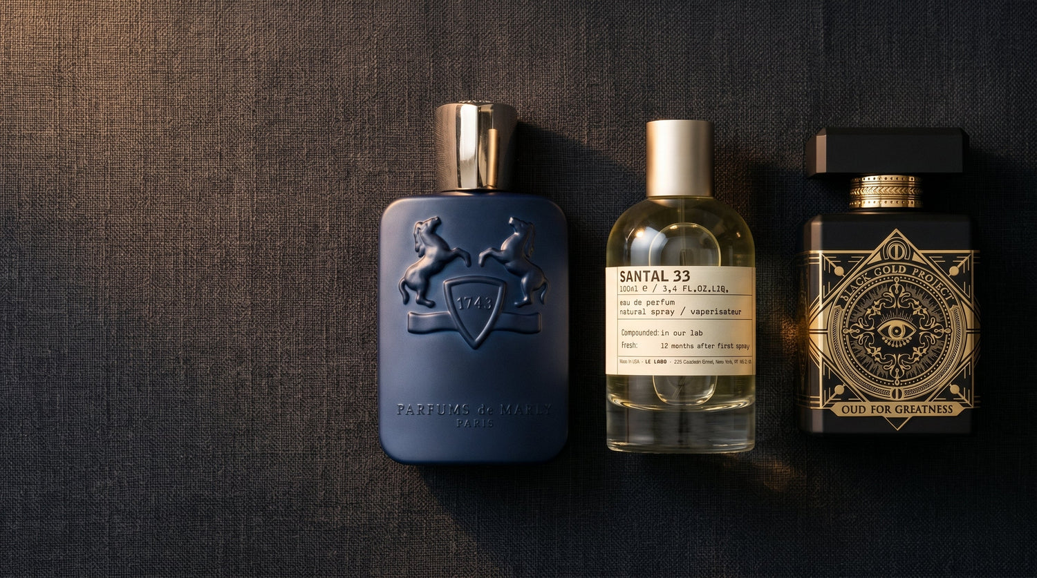 Parfums de Marly Layton, Le Labo Santal 33, and Initio Oud for Greatness niche perfume bottles at Parfum Central Dubai