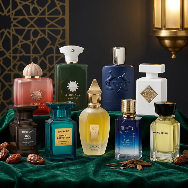 Nine luxury perfume bottles from the Parfum Central Eid Collection arranged on emerald velvet with gold Islamic lattice and warm brass lantern light