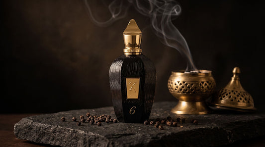 Xerjoff Six black UAE Exclusive bottle on dark basalt stone beside a brass bakhoor burner with a curl of smoke