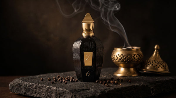 Xerjoff Six black UAE Exclusive bottle on dark basalt stone beside a brass bakhoor burner with a curl of smoke