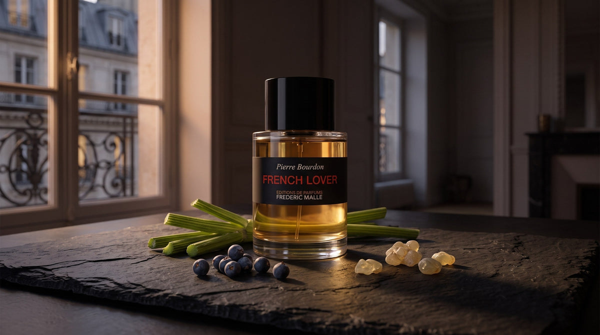 Frederic Malle French Lover bottle on dark slate beside angelica stems, juniper berries and frankincense tears